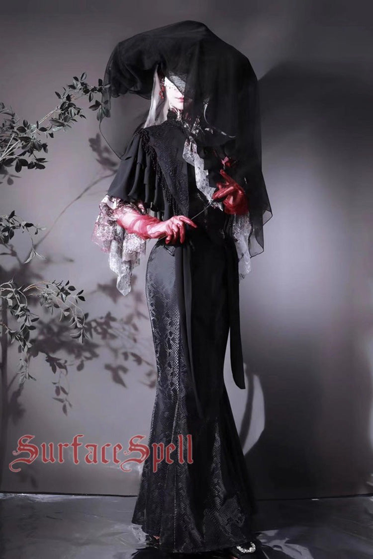 Black Faux Leather Snake Print Gothic Lolita Mermaid Skirt