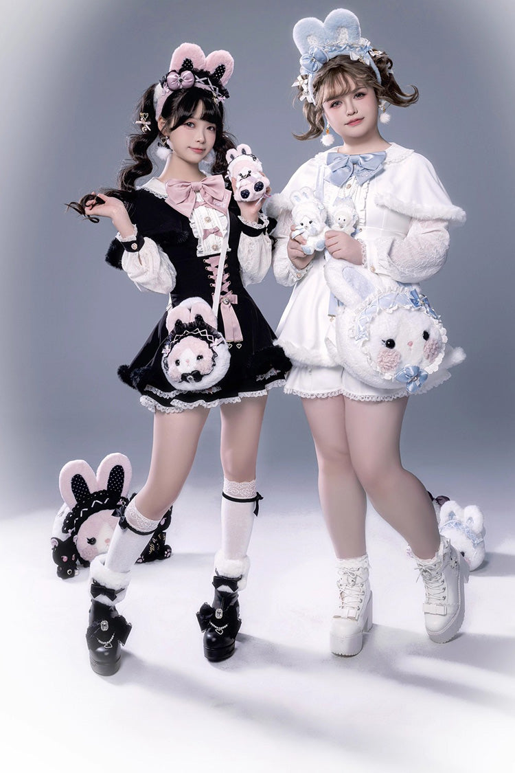 White Long Sleeve Ruffled Bow Lace-Up Jirai Kei Plush Set