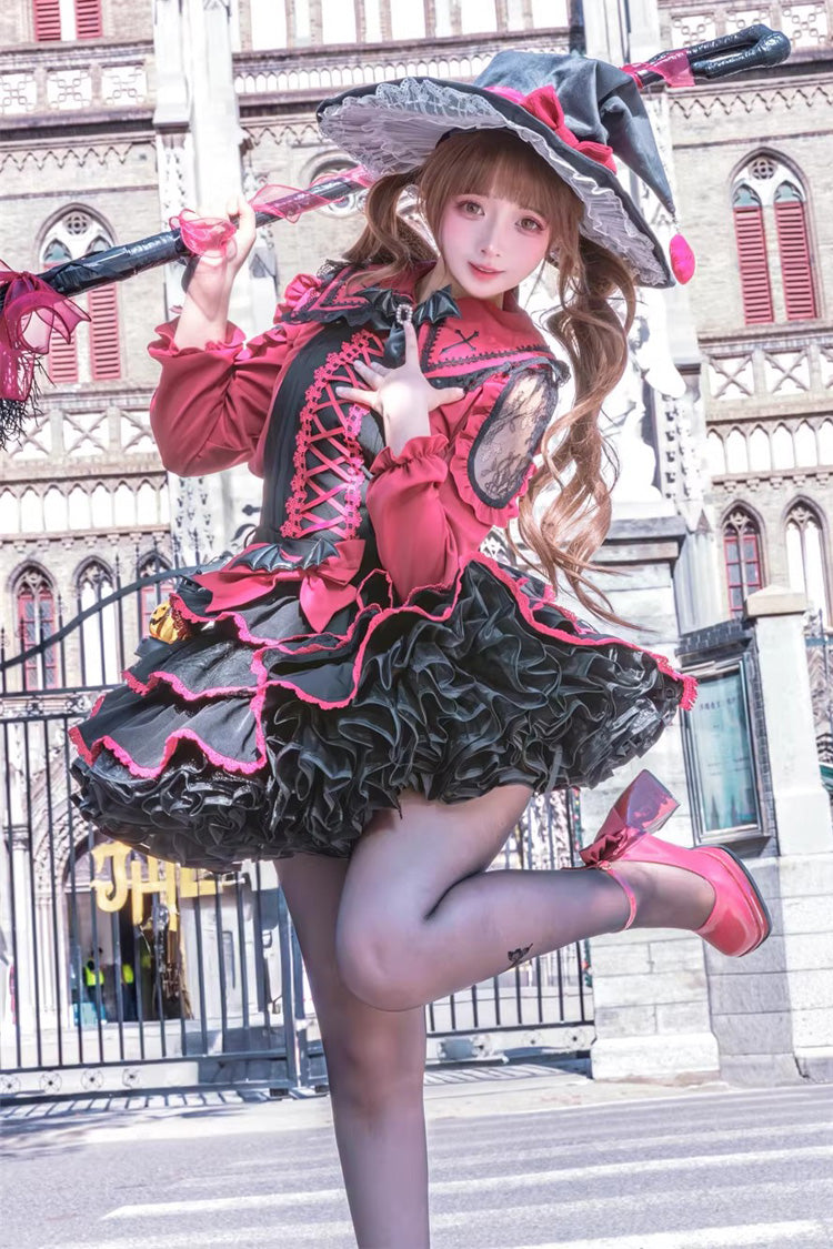 Black Red Showa Cake Sleeveless Triple-Layered Ruffled Bow Lace-Up Witch Gothic Jsk Dress