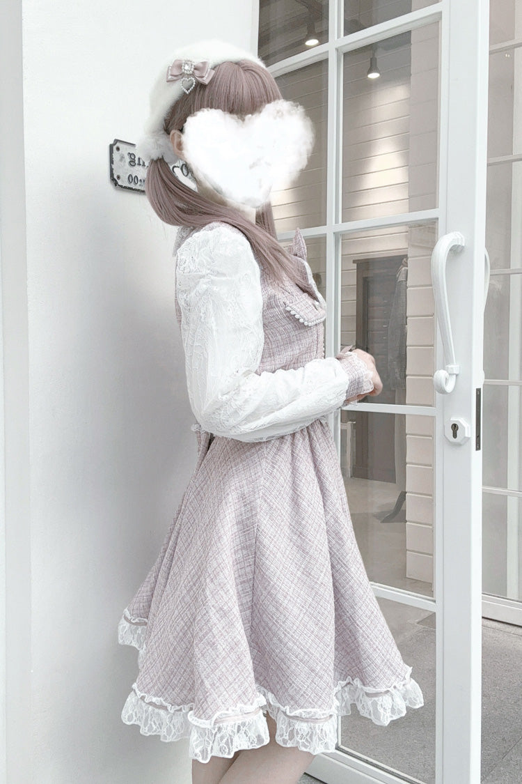 Jirai Kei Dress with Bowknot, Lace, Pearl Details, Long Sleeves, Grey/Pink