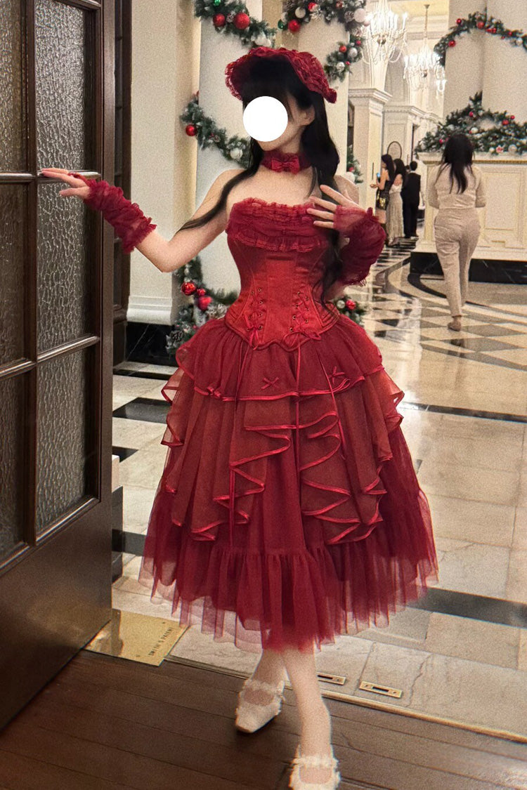 Scarlet The Summer Waves Sparkle Square Neck Sleeveless Multi-Layered Ruffled Bow Laced Slim Lolita Skirt Set