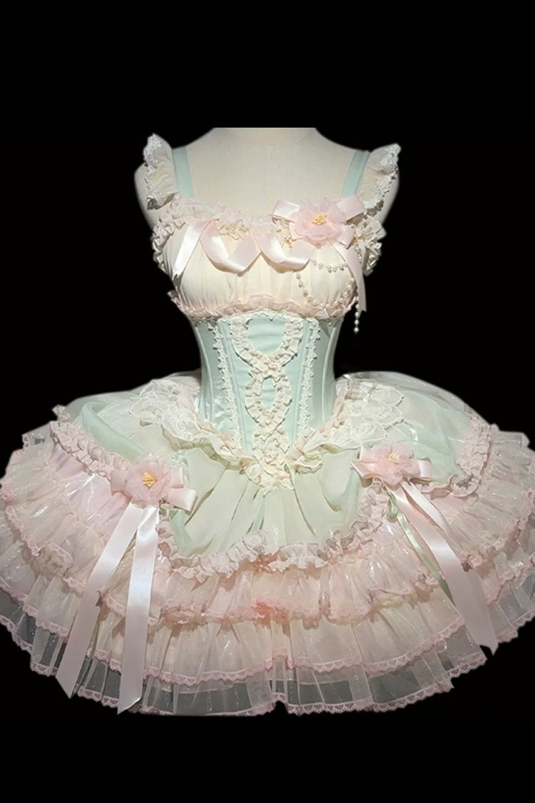 Flowing Light Gift Box Square Collar Sleeveless Layered Ruffle Bow Ballet Lolita JSK Dress