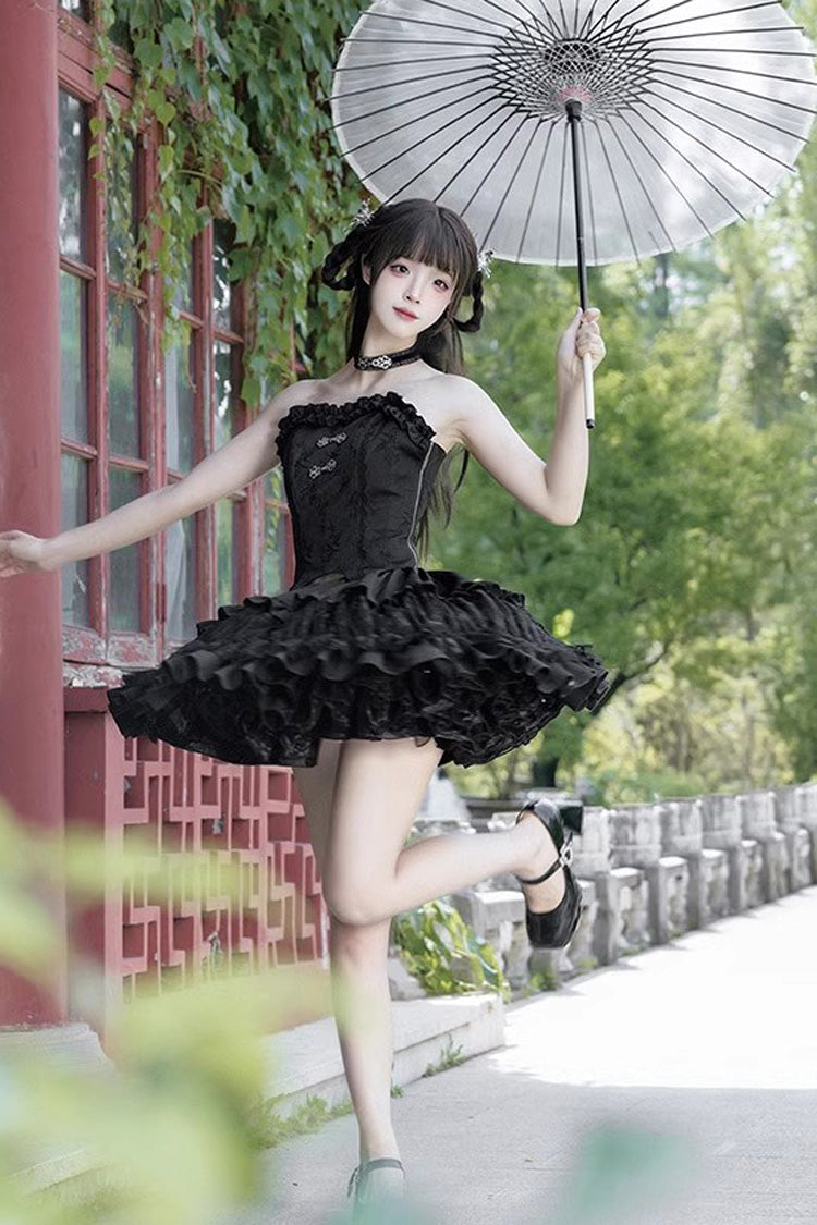 Gothic Lolita Skirt Set with Bamboo Dream, Dark Pattern, Ruffles and Multi-layer