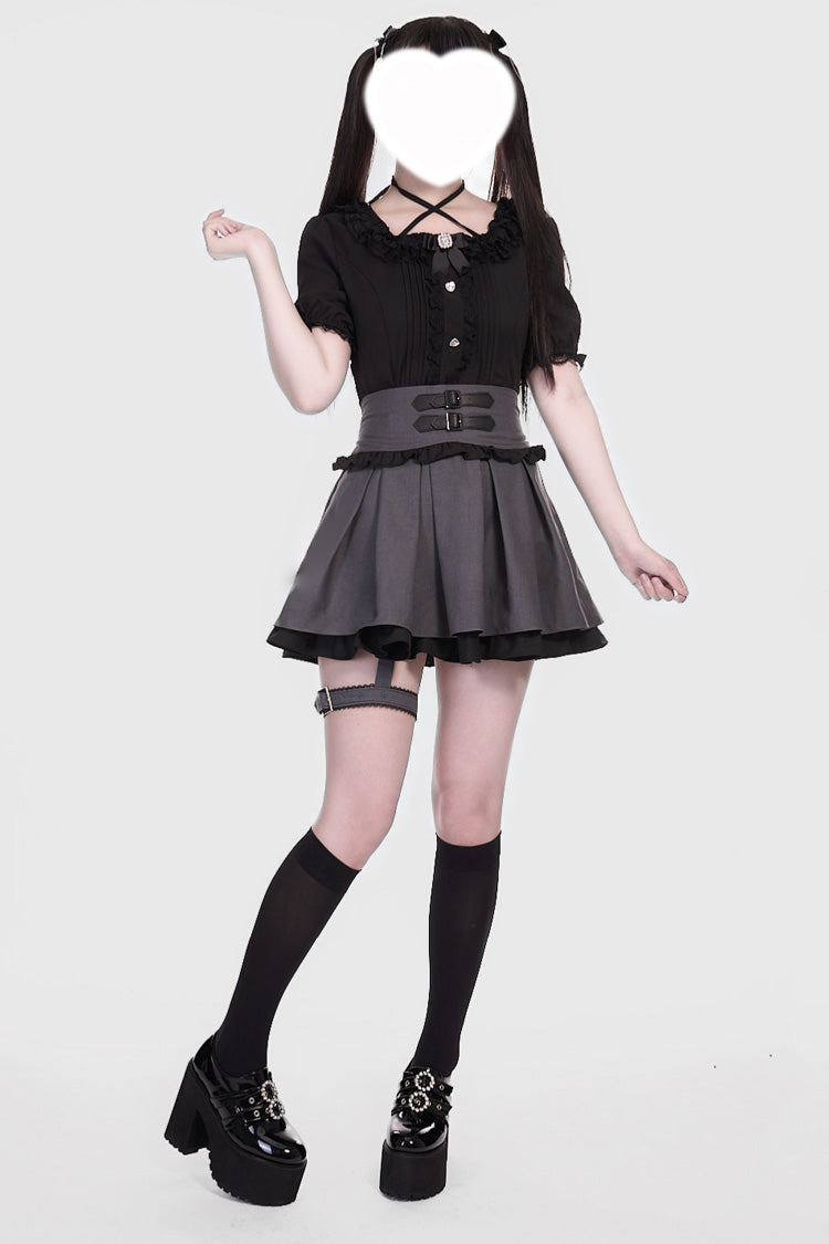 Japanese Jirai Kei Skirt with Leather Buckle, Double-Layered Ruffle, Grey/Black
