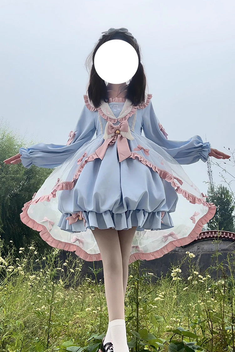 Music Note Print Blue Lace Sweet Lolita Dress with Bow
