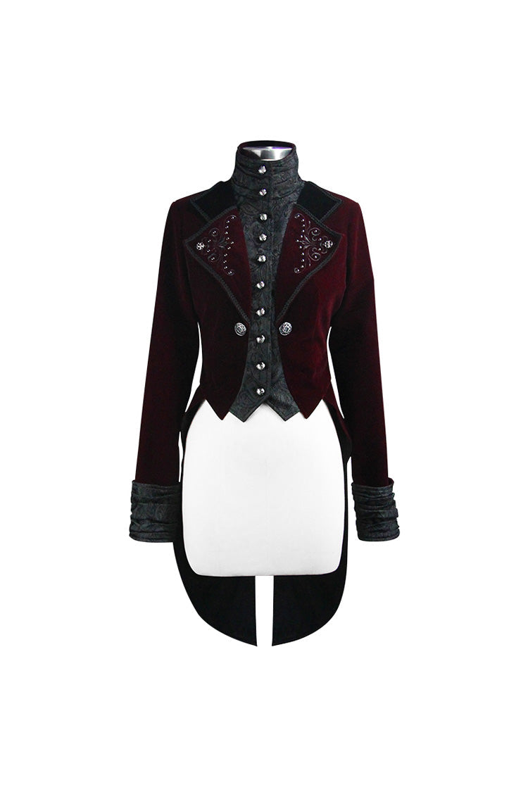 Crimson Noir Brocade Collar Embroidered Metal Stud Velvet Swallowtail Gothic Coat