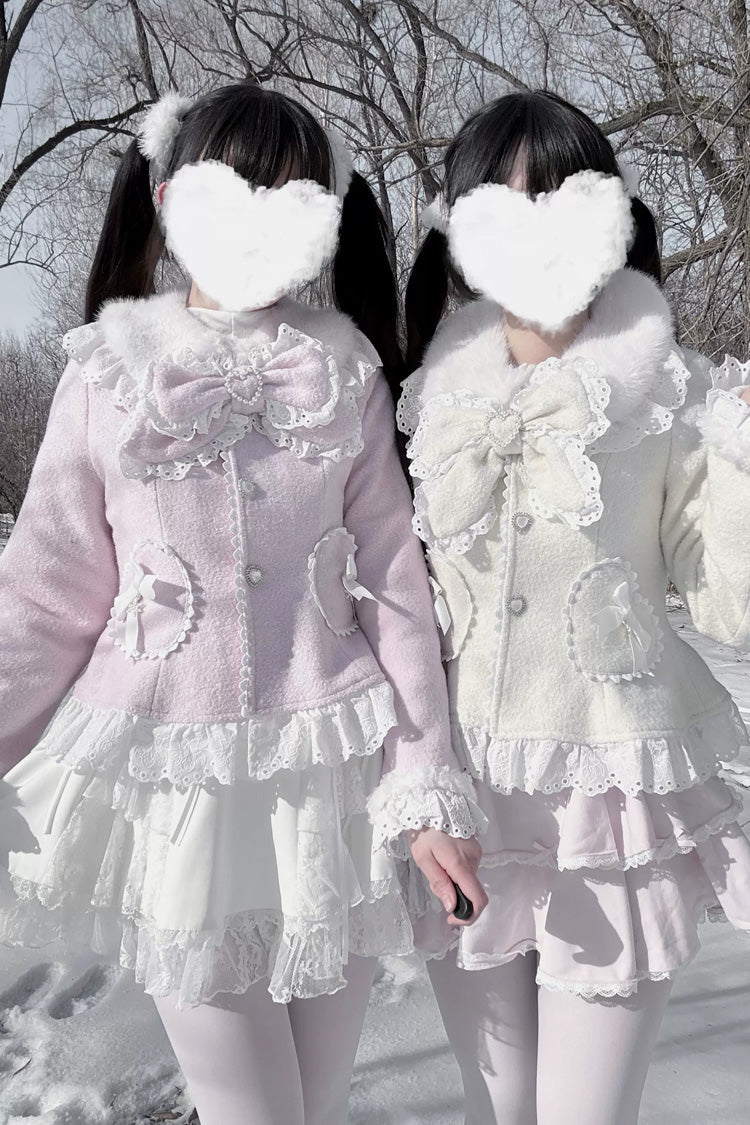 Diamond Strawberry Long Sleeve Bow Lace Pearl-Adorned Sweet Jirai Kei Lolita Coat in Three Colors