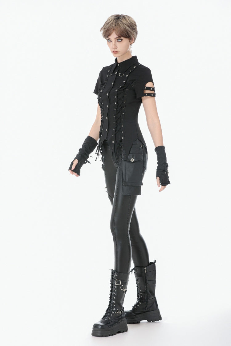 Punk Blouse with Turn-Down Collar and Lace-Up Eyelets