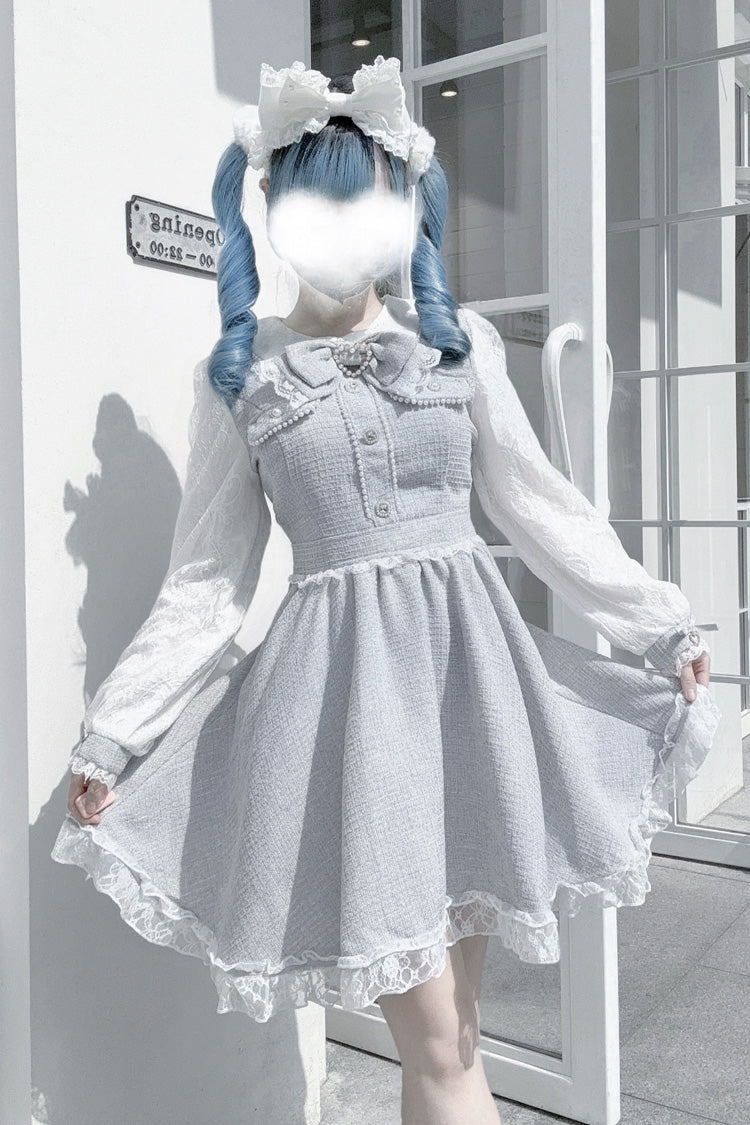 Grey Long Sleeve Bow Lace Pearl Sweet Jirai Kei Dress