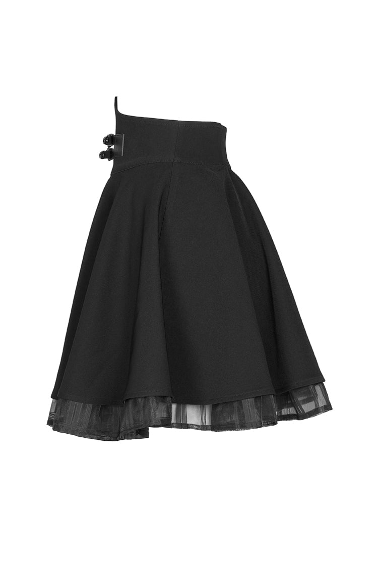 Women's Punk Skirt in Black with Metal Buckle Loops, High Waist & Mesh Splice
