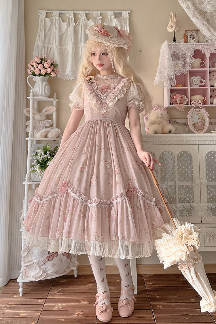 Daydream Rose Floral Jacquard Print Ruffle Embroidered Bow Sweet Lolita Dress in Three Shades