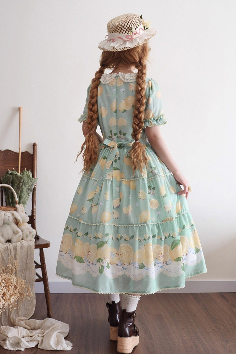 Verdant Short Sleeve Printed Ruffle Bow Lace Daily Sweet Dress - Lemon Chicken