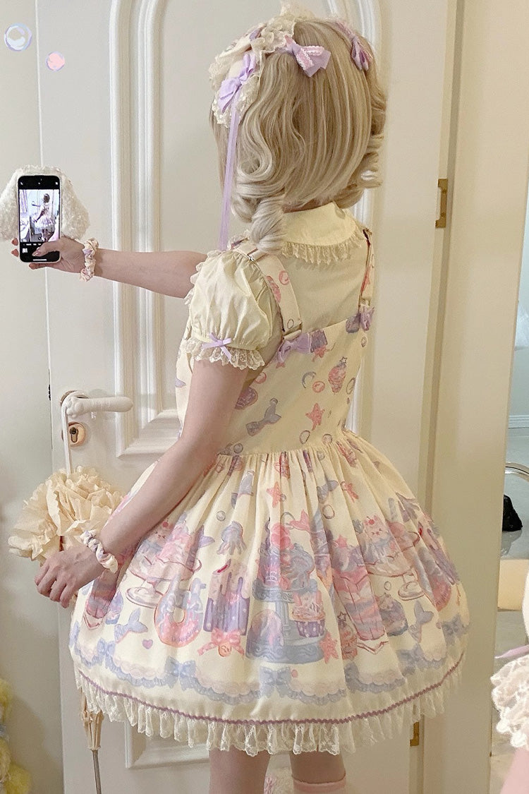 Mermaid Print Bowknot Lace Strap Dress - Light Yellow
