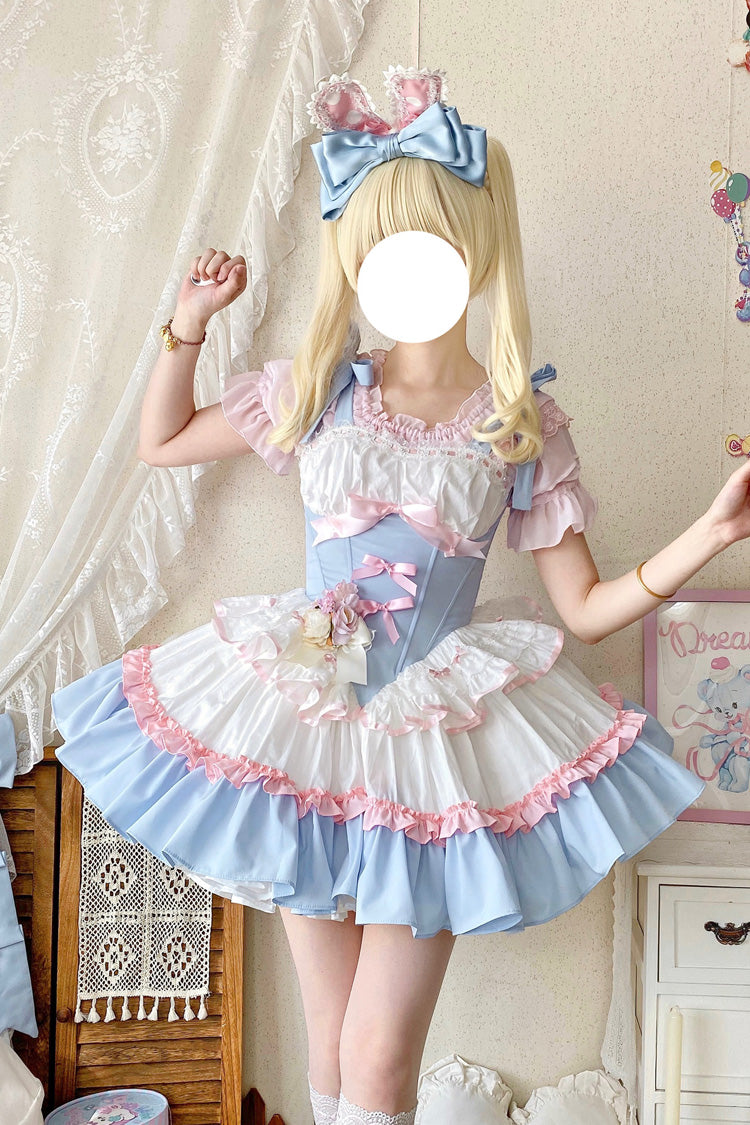 Light Blue Pink White Fairy Tale Overture Triple-Layered Ruffle Bow Fishbone Ballet Dress
