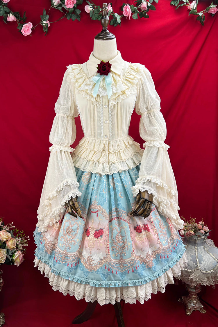 Blue Moonlit Garden Print Ruffle Lace Sweet Palace Lolita Skirt