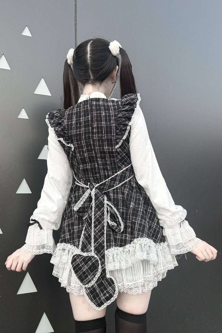 Plaid Printed Ruffled Bow Lace Sweet Jirai Kei Japanese Dress Shorts Set