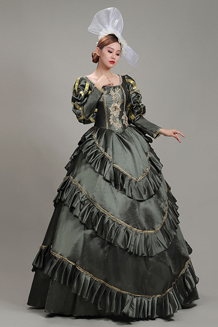 Dark Gray Court Dress with Floral Print and Long Sleeves - Victorian
