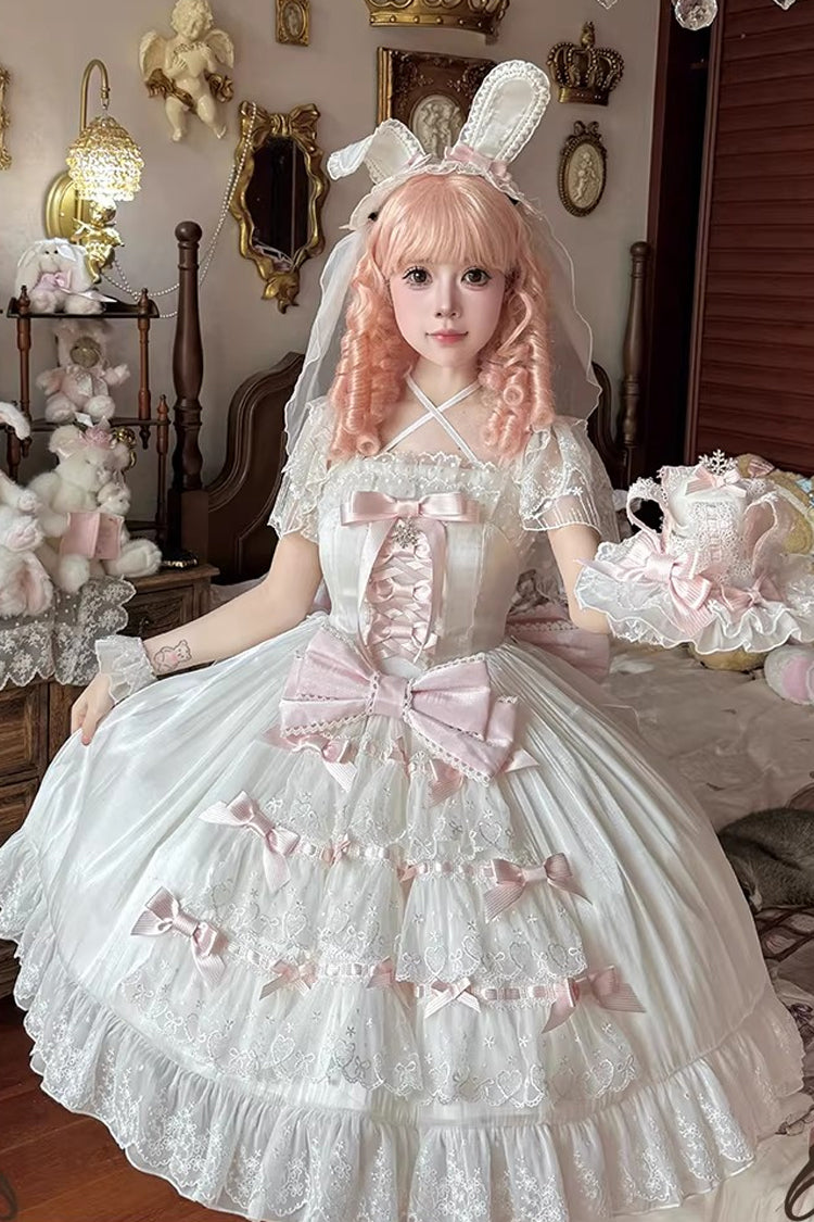 White Pink Snow of Love Ruffled Hanayome Open-Front Bow Lace Sweet Princess Dress