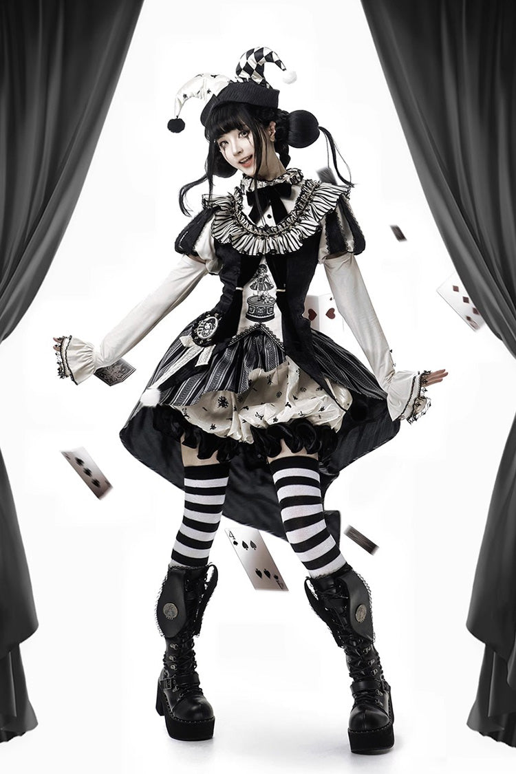Noir Clown Print Ruffle Embroidered Asymmetric Ouji Full Set - Weird Toy Box