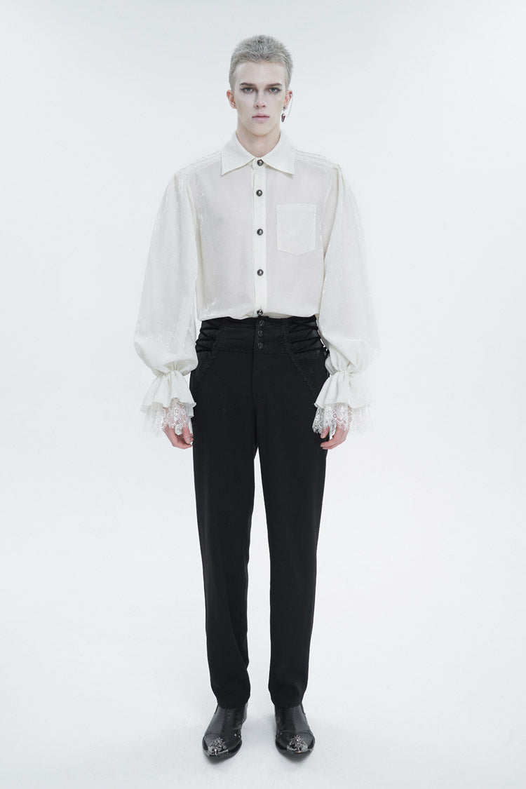 Ivory Gothic Shirt with Puff Sleeves and Lace Hem for Men