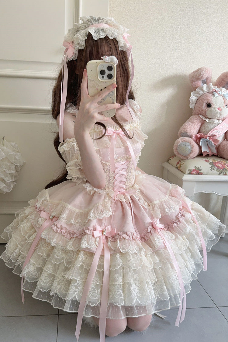 Rose Sleeveless Layered Ruffle Bow Lace Corset Ballet Jumper Dress - Ribbon Heart Love