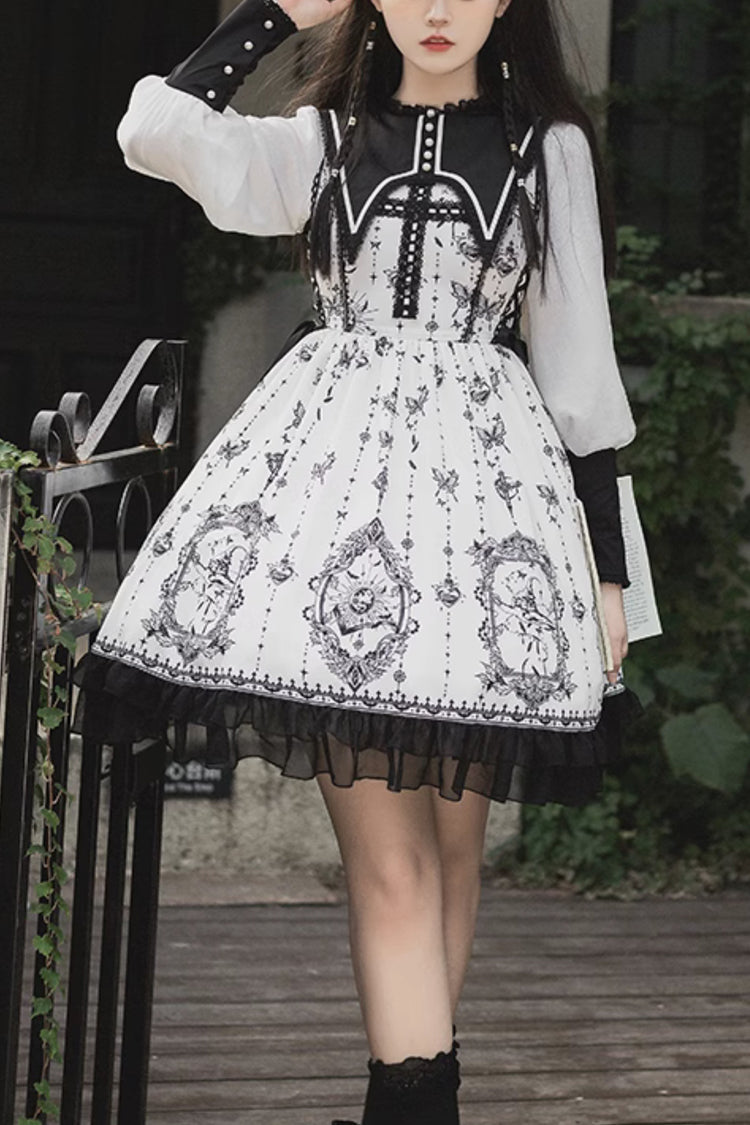 Monochrome Lace Butterfly Print Gothic Lolita One-Piece Dress