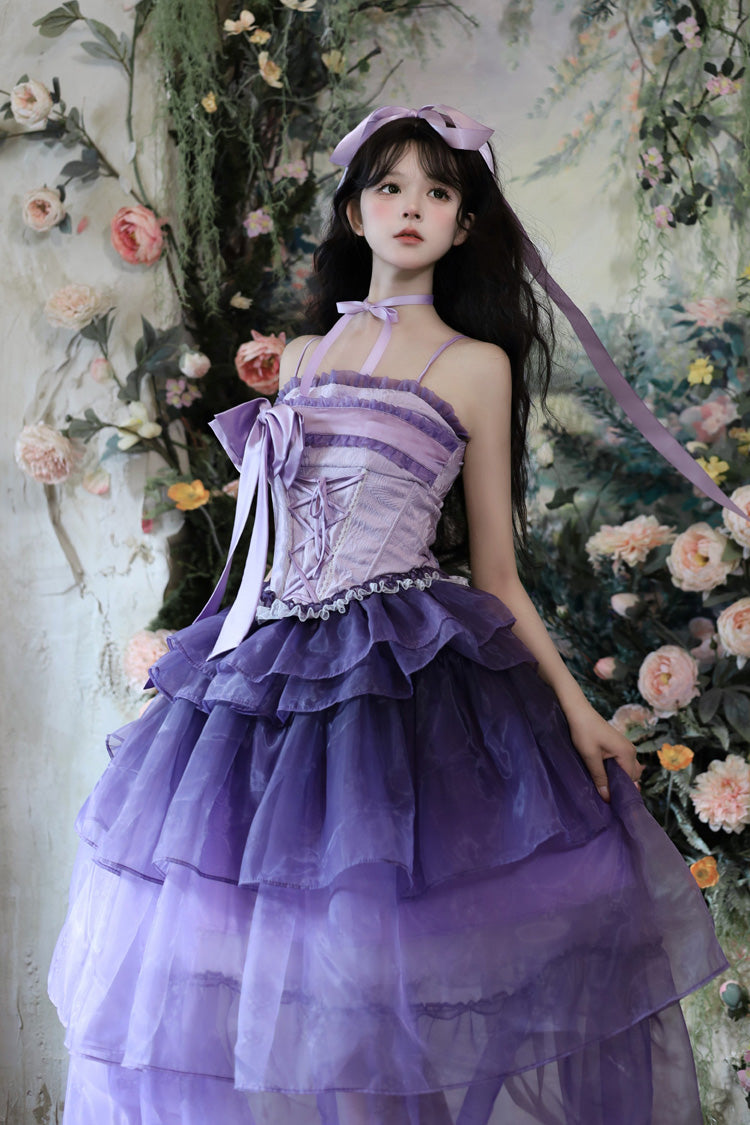 Sleeveless Triple-Layered Ruffled Bow Lace-Up Sweet Elegant Lolita Skirt Dress Set - Lily of the Valley in Falling Snow