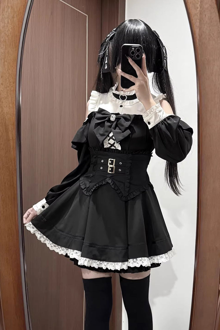 Monochrome Off-Shoulder Jirai Kei Dress Set with Ruffled Long Sleeves