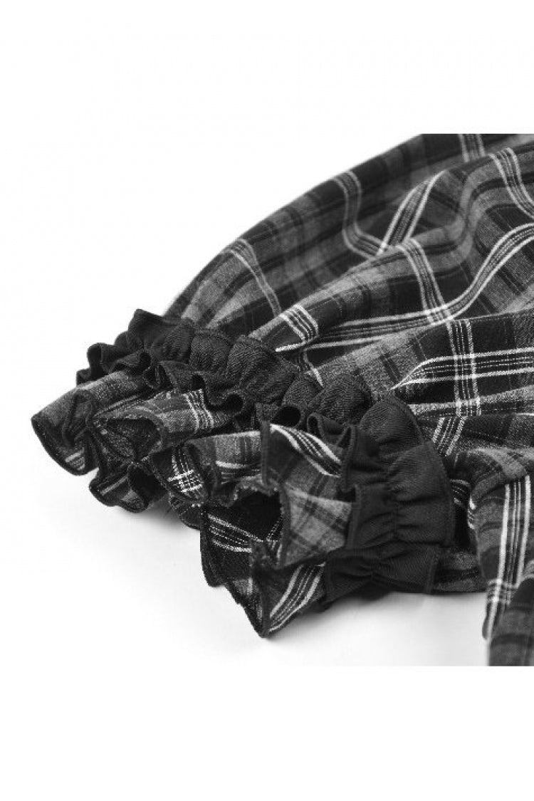 Monochrome Gothic Lolita Dress with Plaid, Stand Collar, and Lace-Up Front