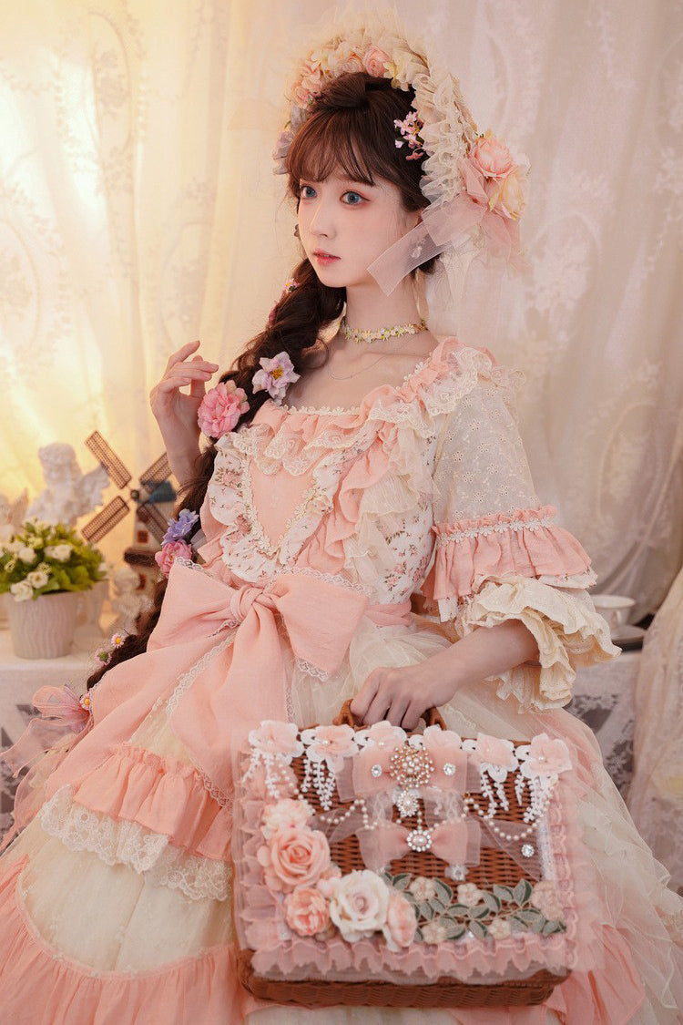 Rattan Flower Bowknot Tote Bag with Elegant Princess Lolita Charm, 2 Colors