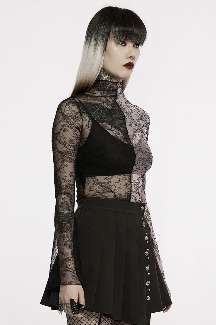 Sheer Gothic Lace T-Shirt with Long Sleeves & Horn Motifs
