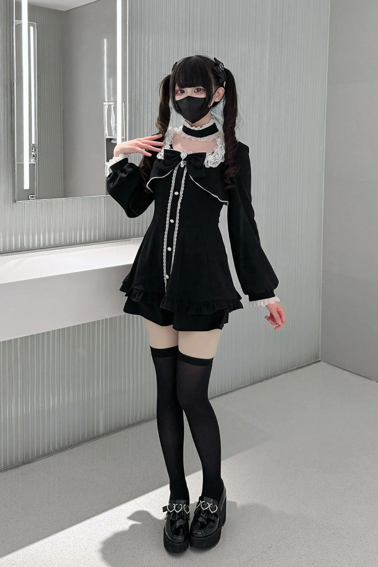 Noir Long Sleeve Ruffled Bow Lace Jirai Kei Dress Shorts Set - Twilight Prelude