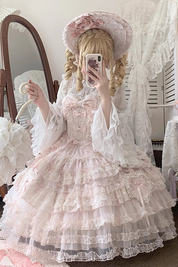 Rosy Ruffle Cascade Bow Embellished Sweetheart Lolita Jumper Dress - Sweetheart Diary