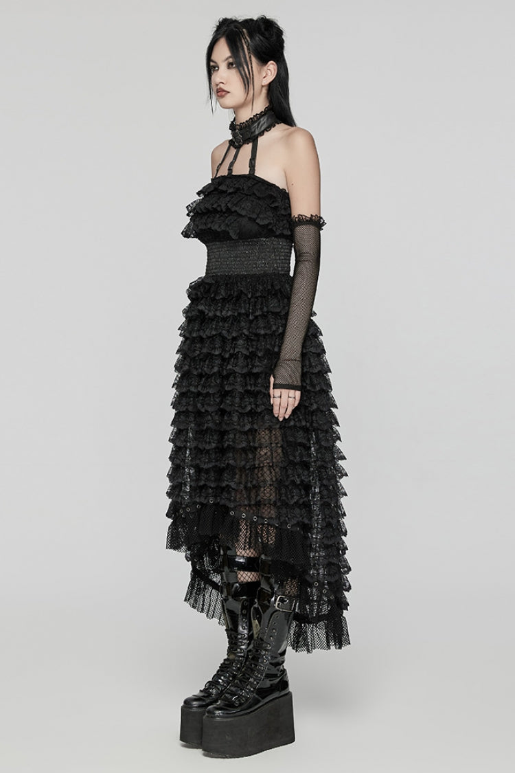Ebony Halterneck Long Sleeves Ruffle Lace Punk Dress