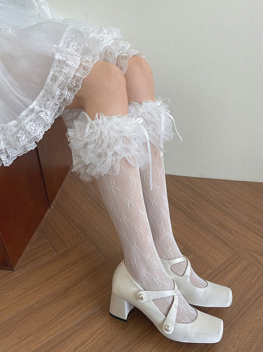 Lace Bowknot Ruffled Details Calf White Cuffs Socks