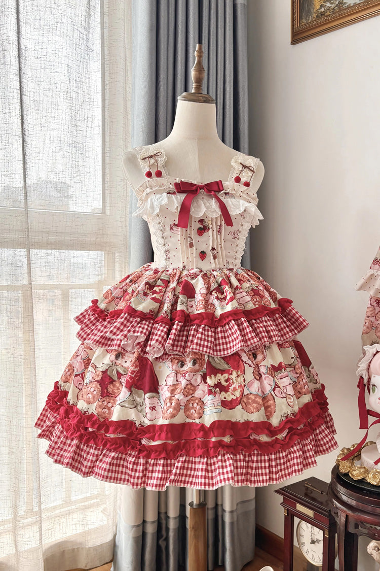 Crimson Strawberry Bear Print Sleeveless Dual-Layer Frill Bow Princess Sweet Lolita JSK