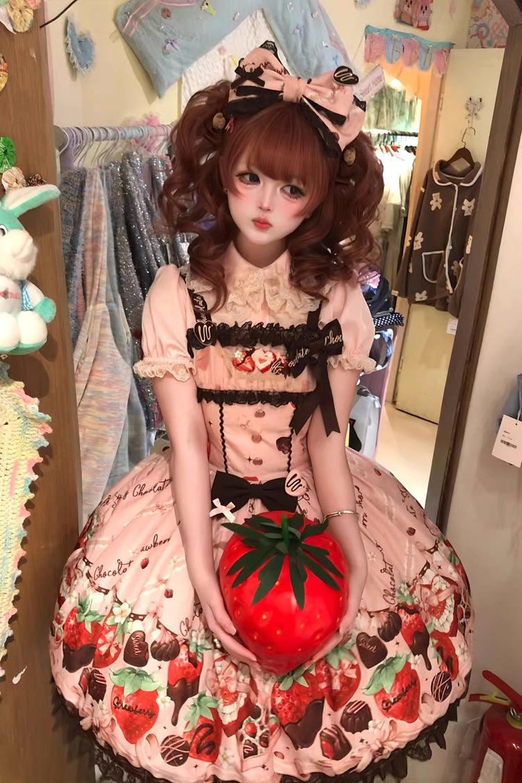 Blush Sleeveless Embroidered Bow Lace Lolita JSK - Strawberry Chocolate Lover