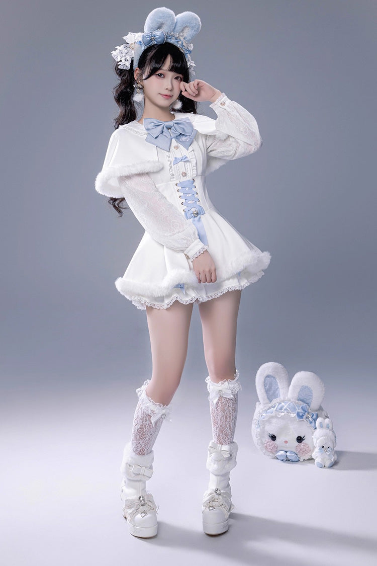 Ivory Ruffled Bow Lace-Up Japanese Dark Jirai Kei Plush Set