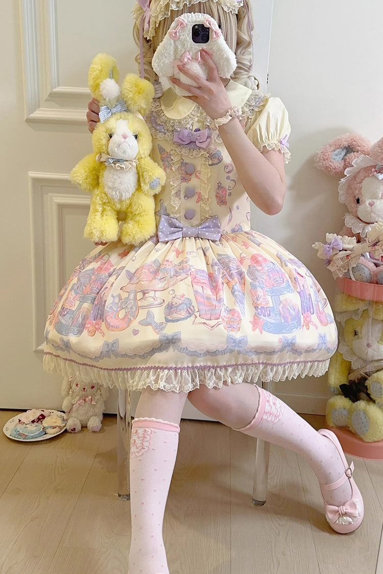 Mermaid Print Bowknot Lace Strap Dress - Light Yellow