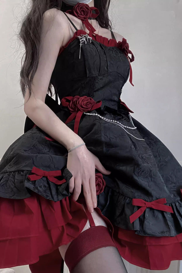 Crimson Noir Printed Ruffled Bow Embellished Gothic Princess Jumper Dress