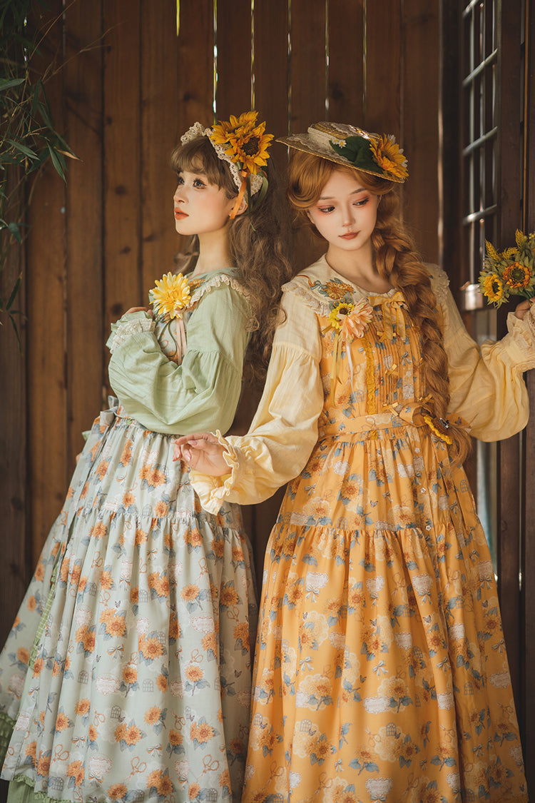 Green Sunflower Sleeveless Floral Bow Elegant Jsk Dress