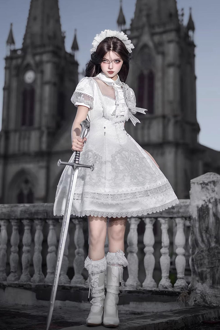 Ivory Classic Gothic Lolita Dress with Ruffled Lace and Short Sleeves
