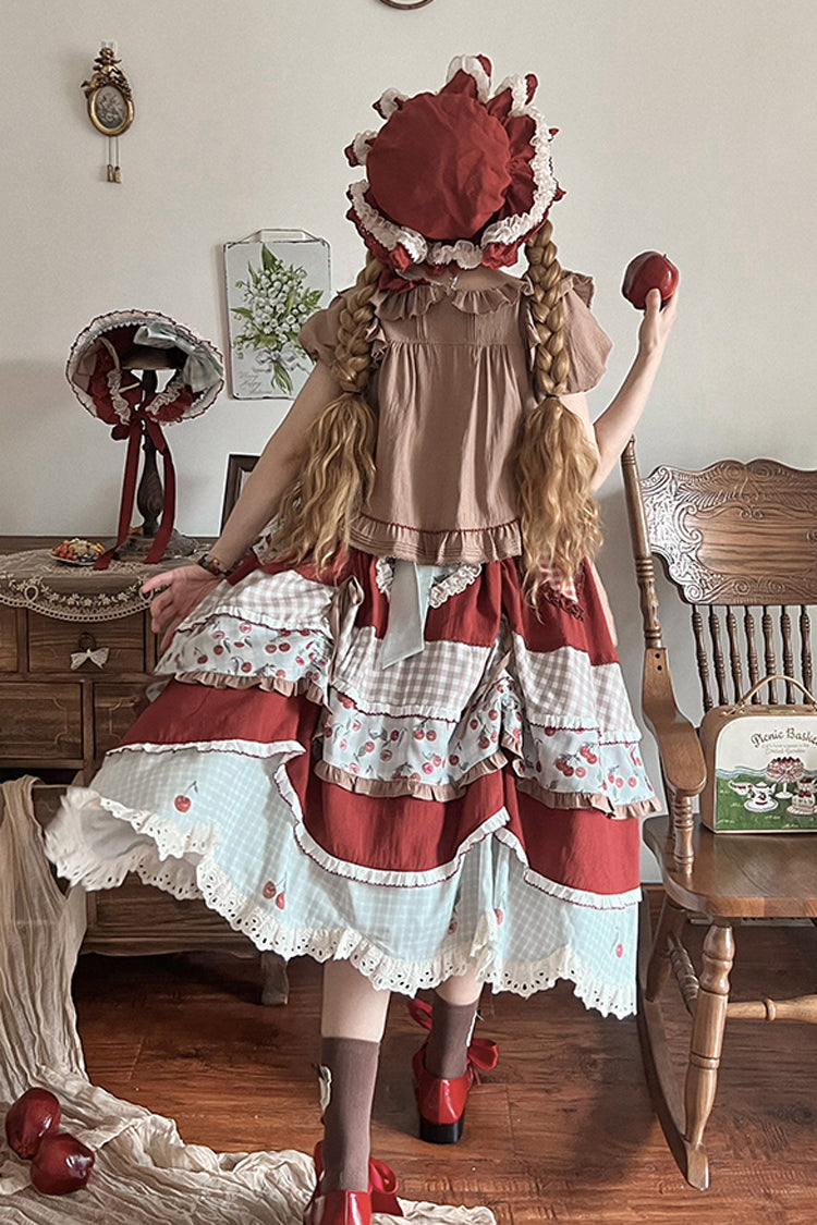 Cherry Print Multilayer Ruffle Embroidery Sweet Lolita Dress