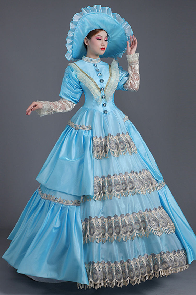 Blue Victorian Lace Dress with Floral Embroidery - Altfashion Shop