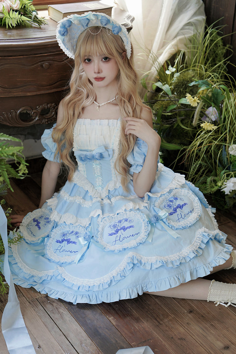 Blue Butterfly Dream Print Ruffled Bowknot Sweet Princess Lolita JSK