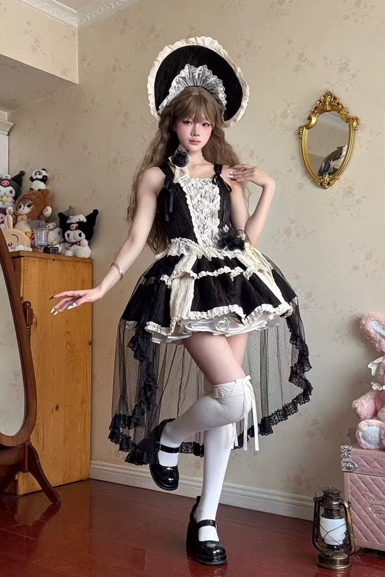 Noir Double Layer Ruffle Bow Lace Ballet Skirt Set - Twilight