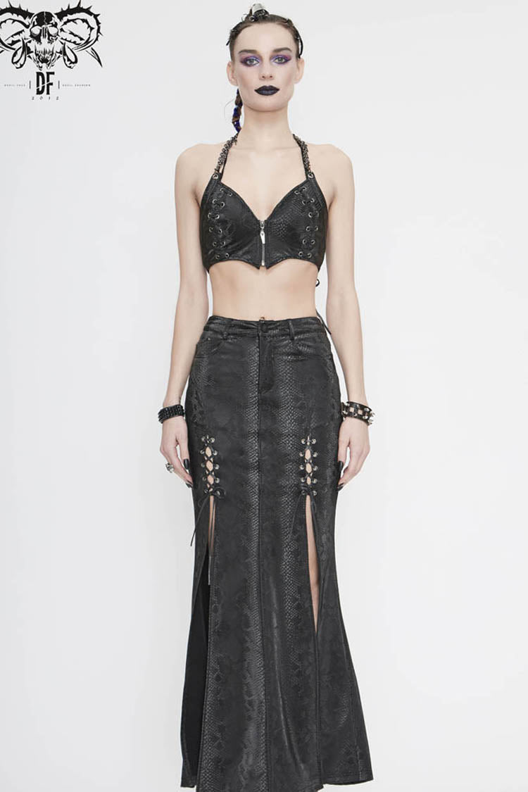 Snake Pattern Leather Corset with Chain and Halter Back - Black Punk