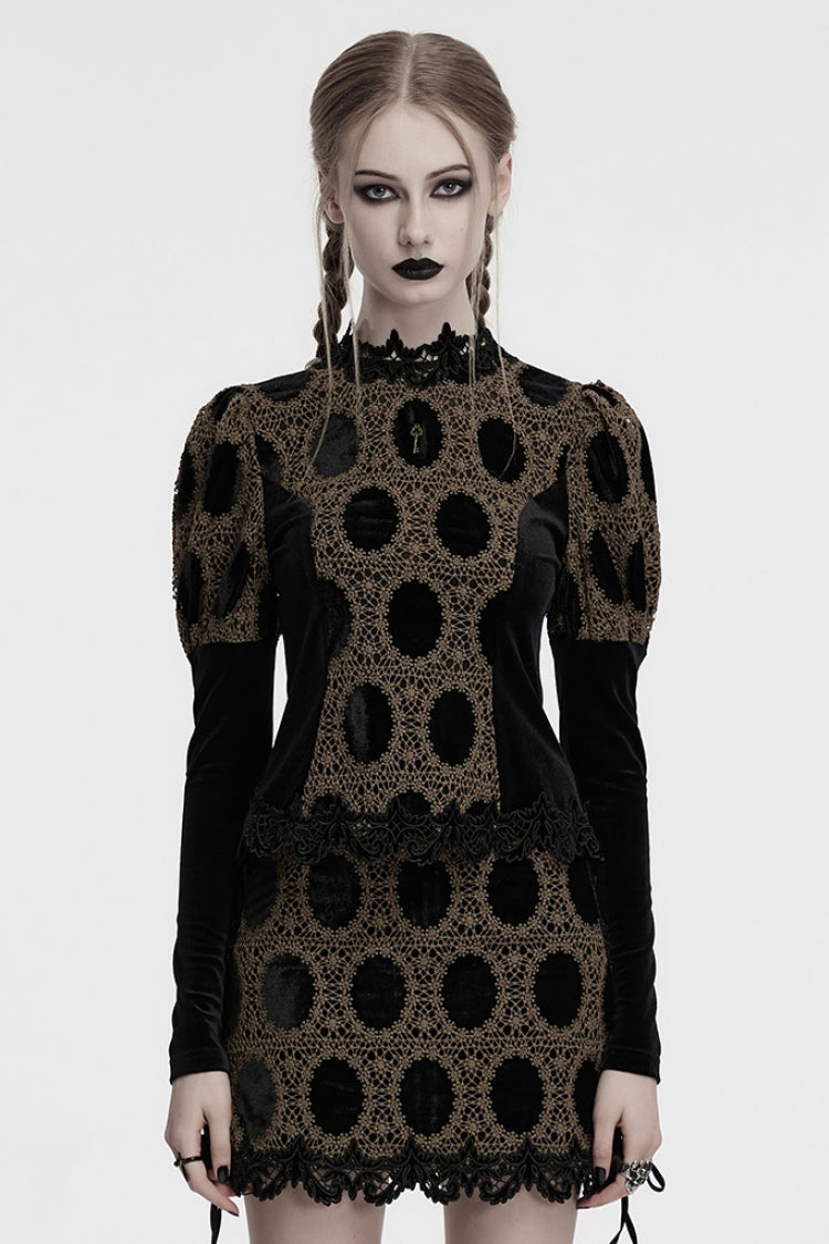 Gothic Blouse with Puff Sleeves and Embroidery in Coffee