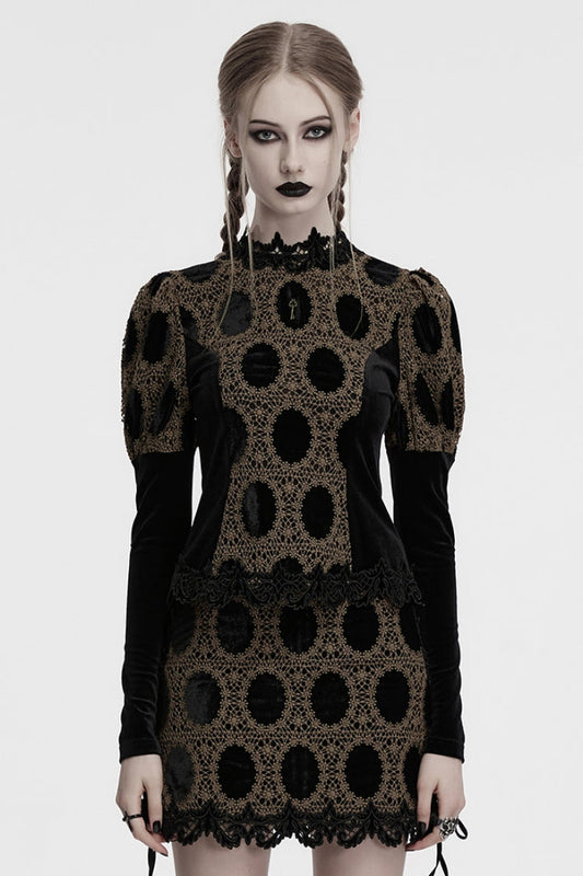 Gothic Blouse with Puff Sleeves and Embroidery in Coffee