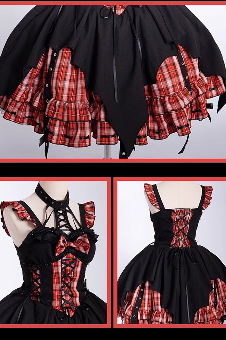 Rock Radio Wave Gothic Lolita Asymmetric Grid Print Bowknot Dress 3 Colors